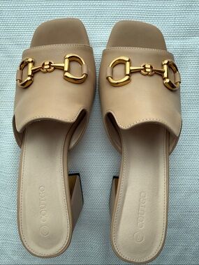 Leather Slide Sandals with Gold Horsebit Accent - Nude